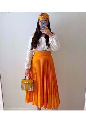 Zara Bright Orange Pleated Midi Skirt